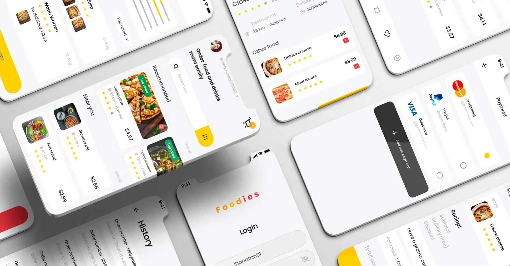 Foodies app screens: restaurant browsing, dish detail, cart and payment.