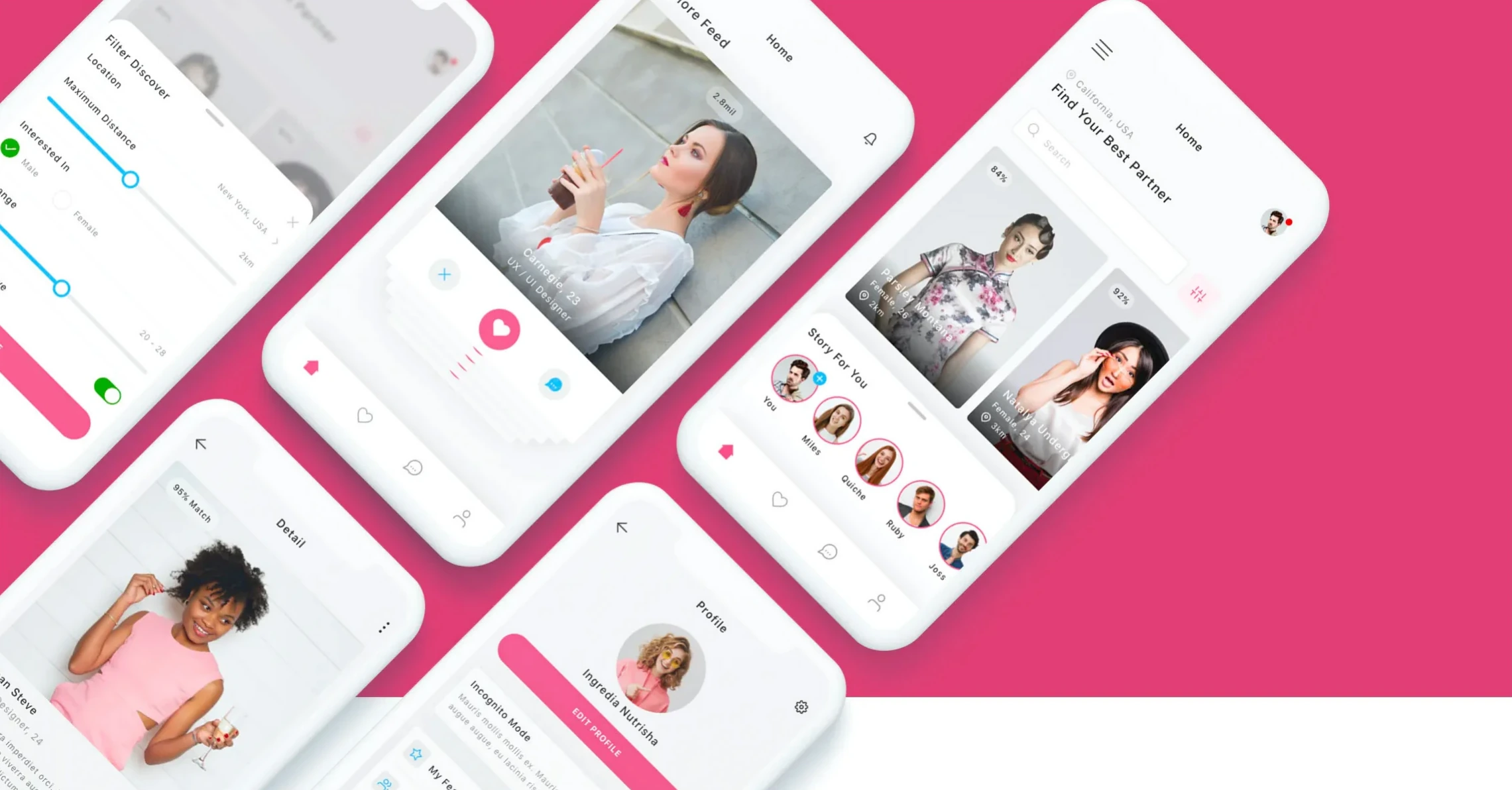 NESSNESS dating app screens on a pink background.
