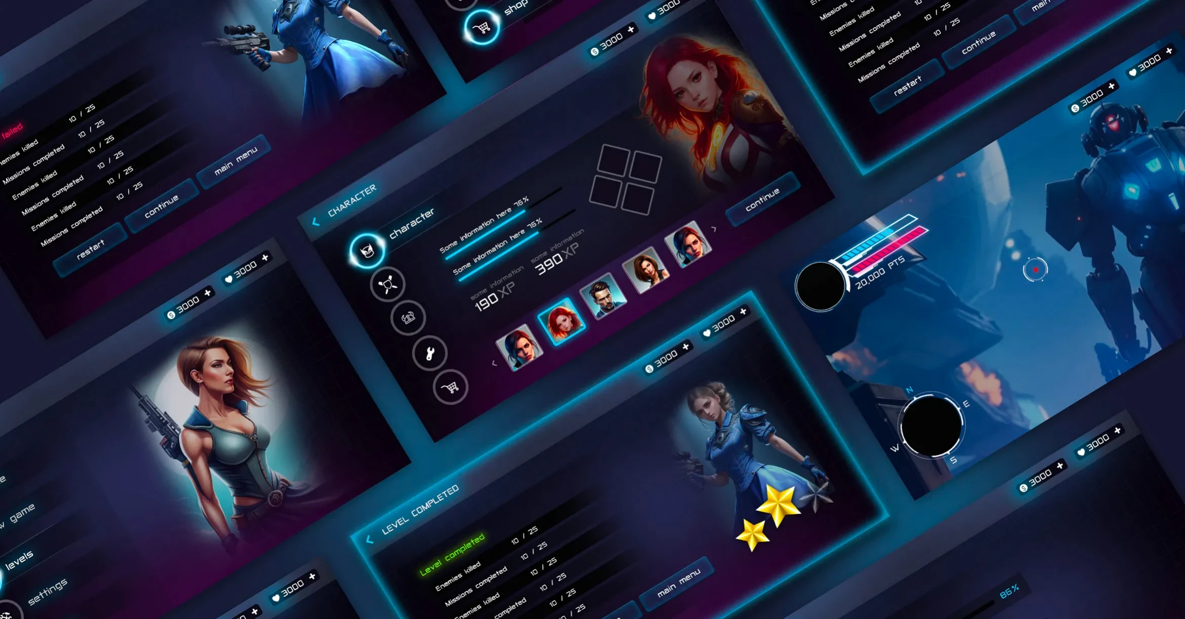 Sci-fi mobile game menus with character selection.