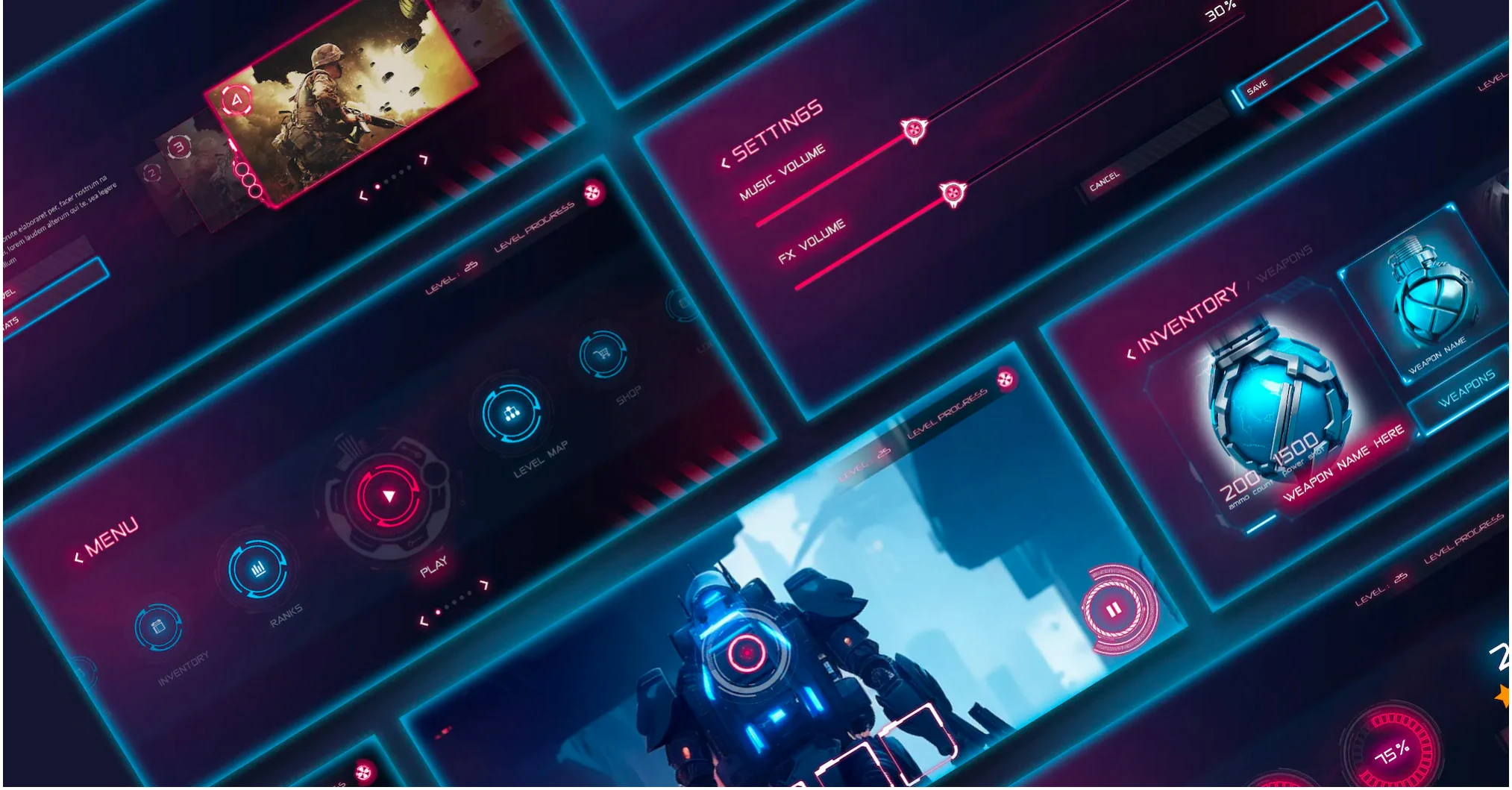 Game UI: neon blue menu screens.