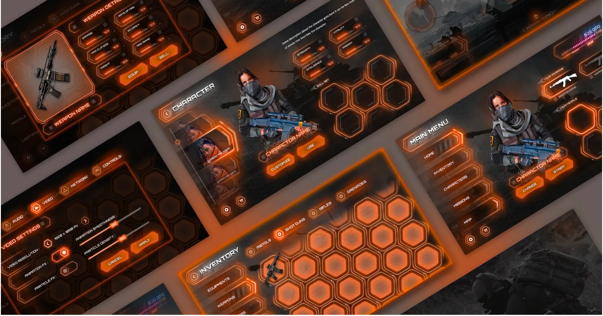 Game UI: orange hexagon-themed screens.