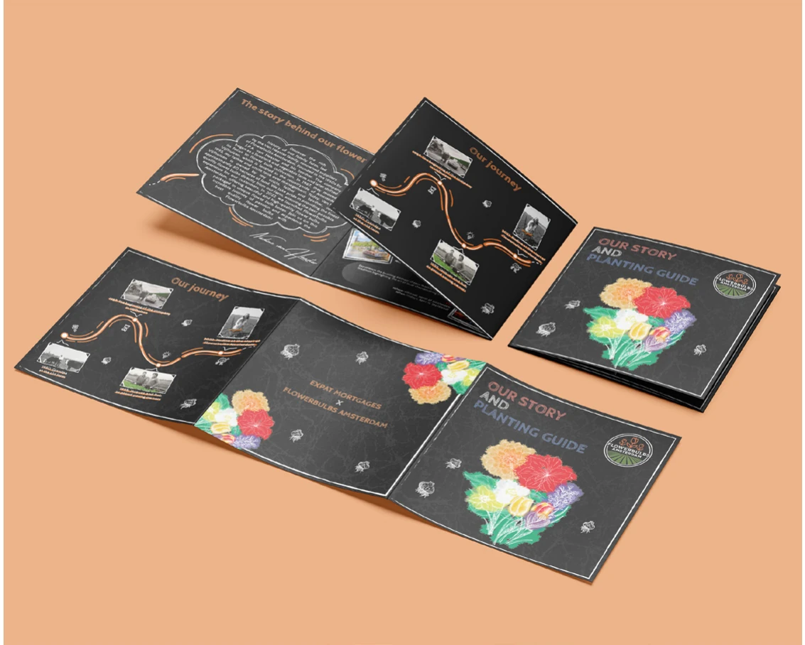 Flowerbulbs Amsterdam folded leaflet with illustrated flowers.