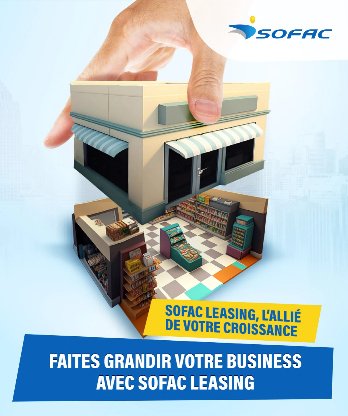 SOFAC Leasing advertisement with a shop growing from a hand.
