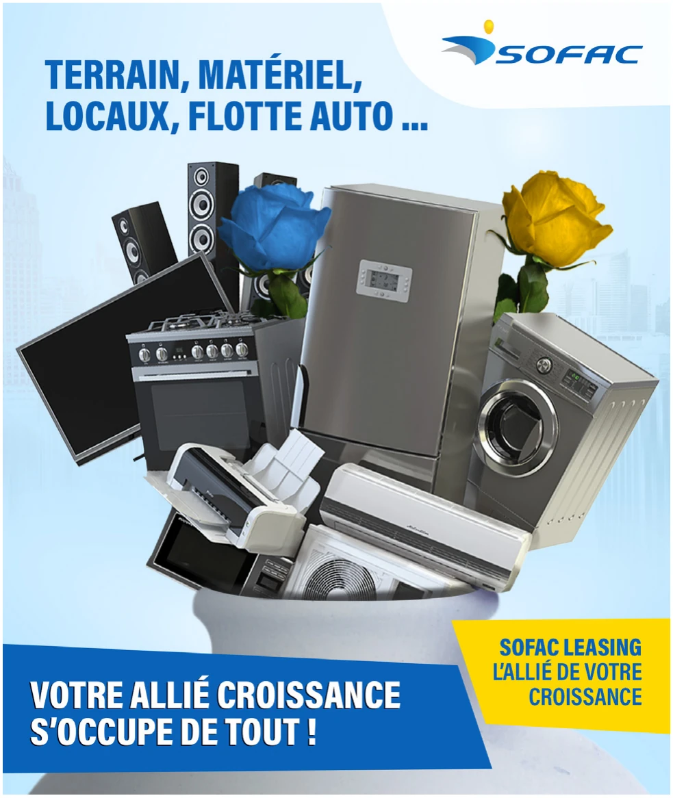 SOFAC Leasing advertisement with equipment and flowers.