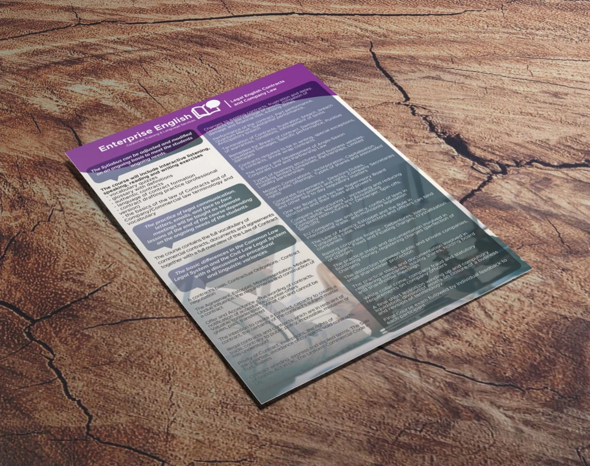Enterprise English flyer on a wooden table.