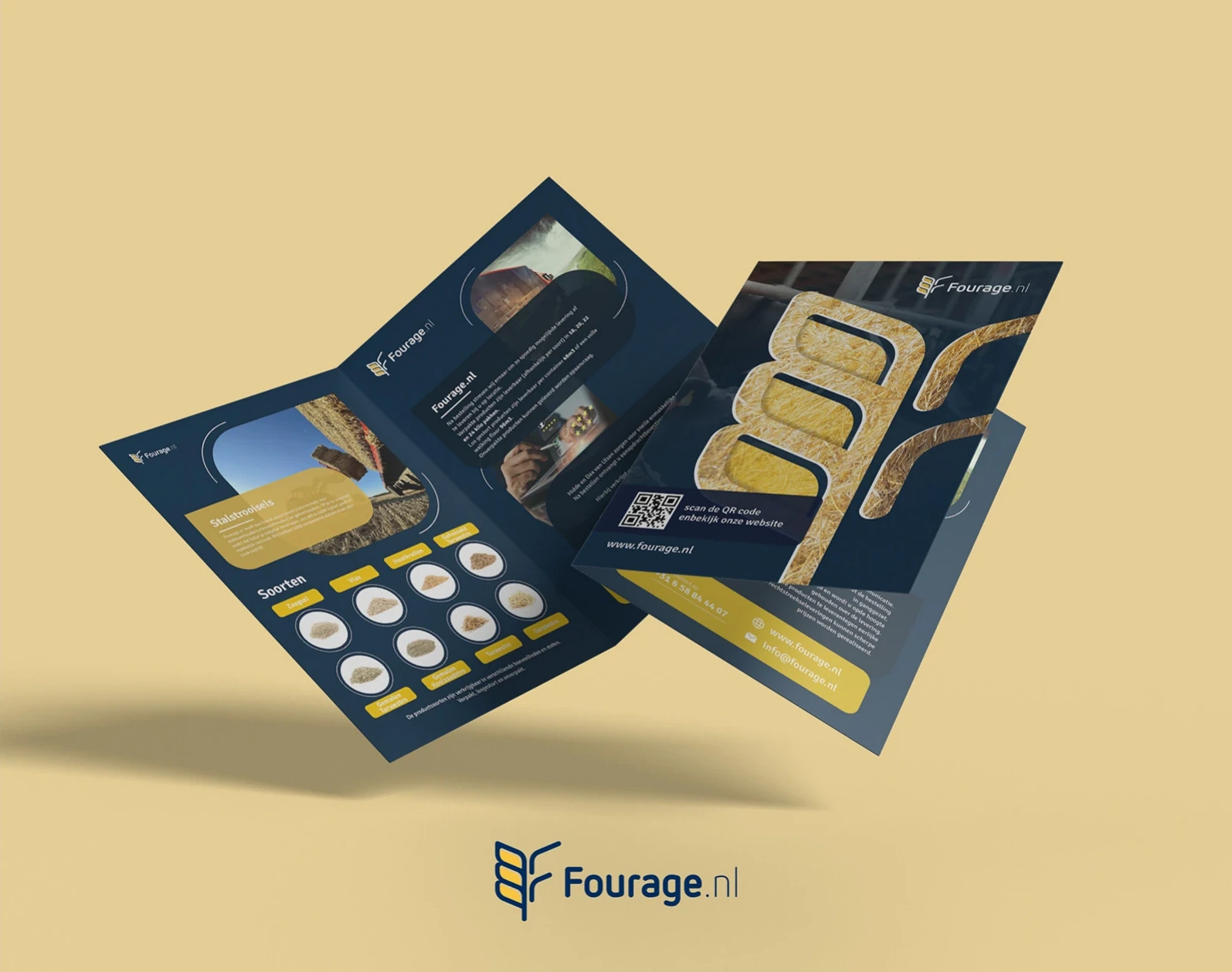 Fourage.nl tri-fold brochure in navy and yellow.