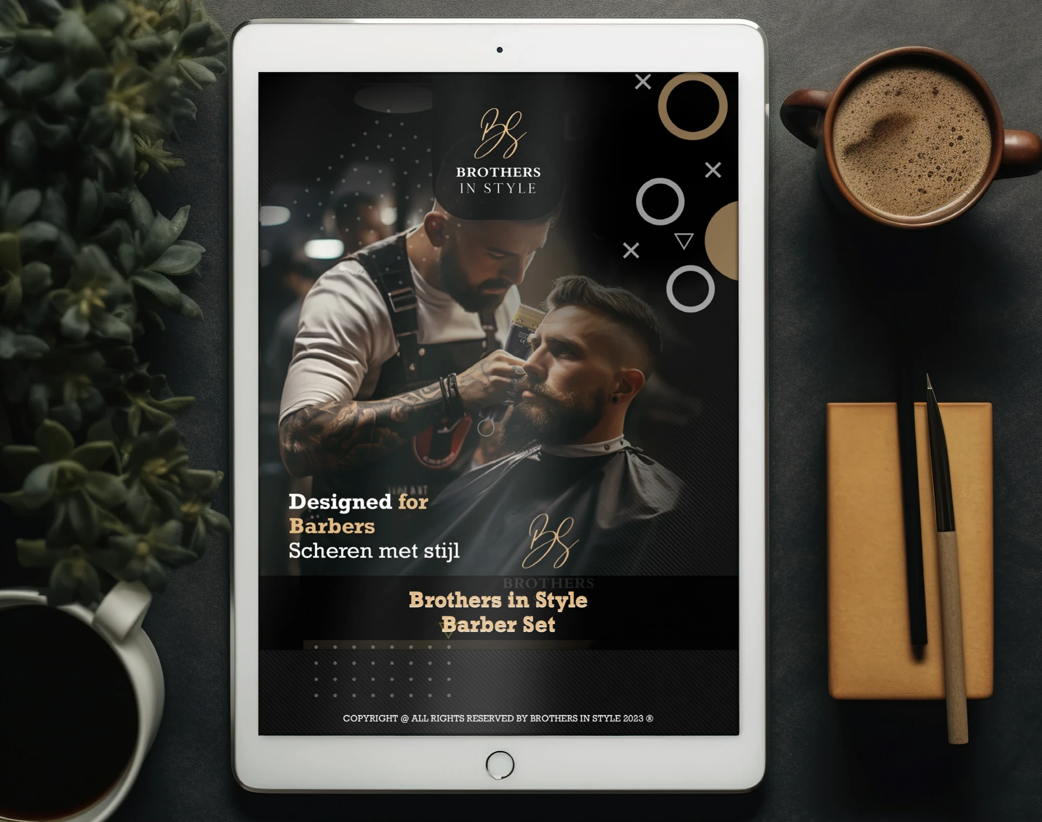 Brothers in Style barber brochure on a tablet.