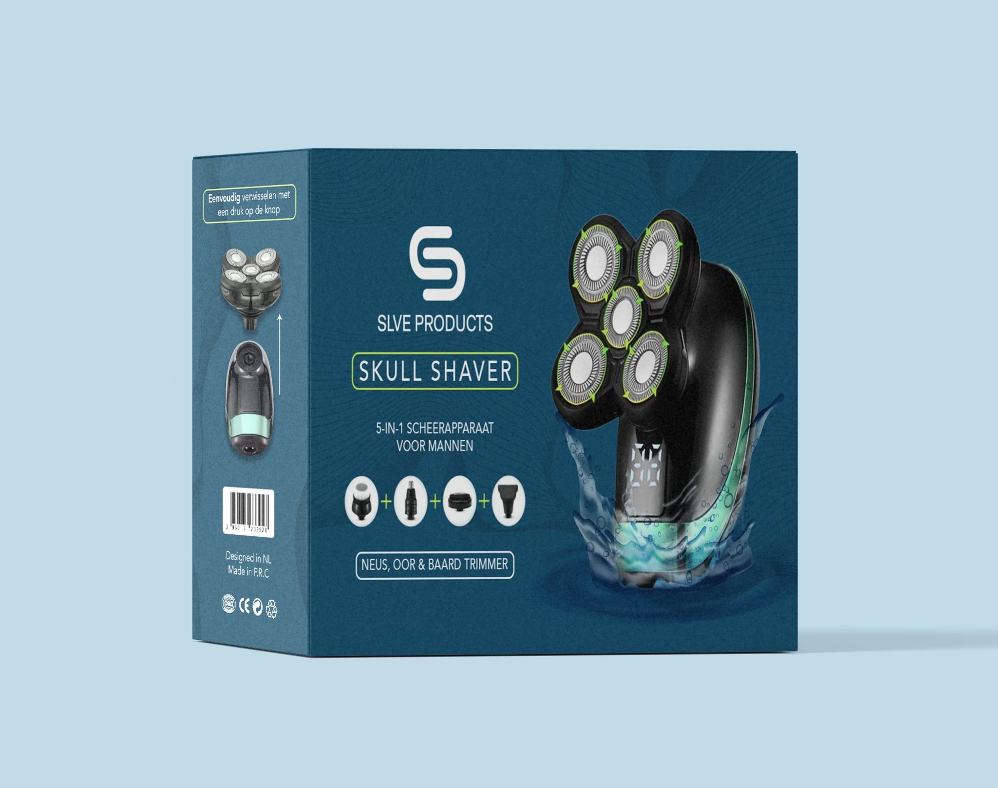 Skull Shaver box on light blue.