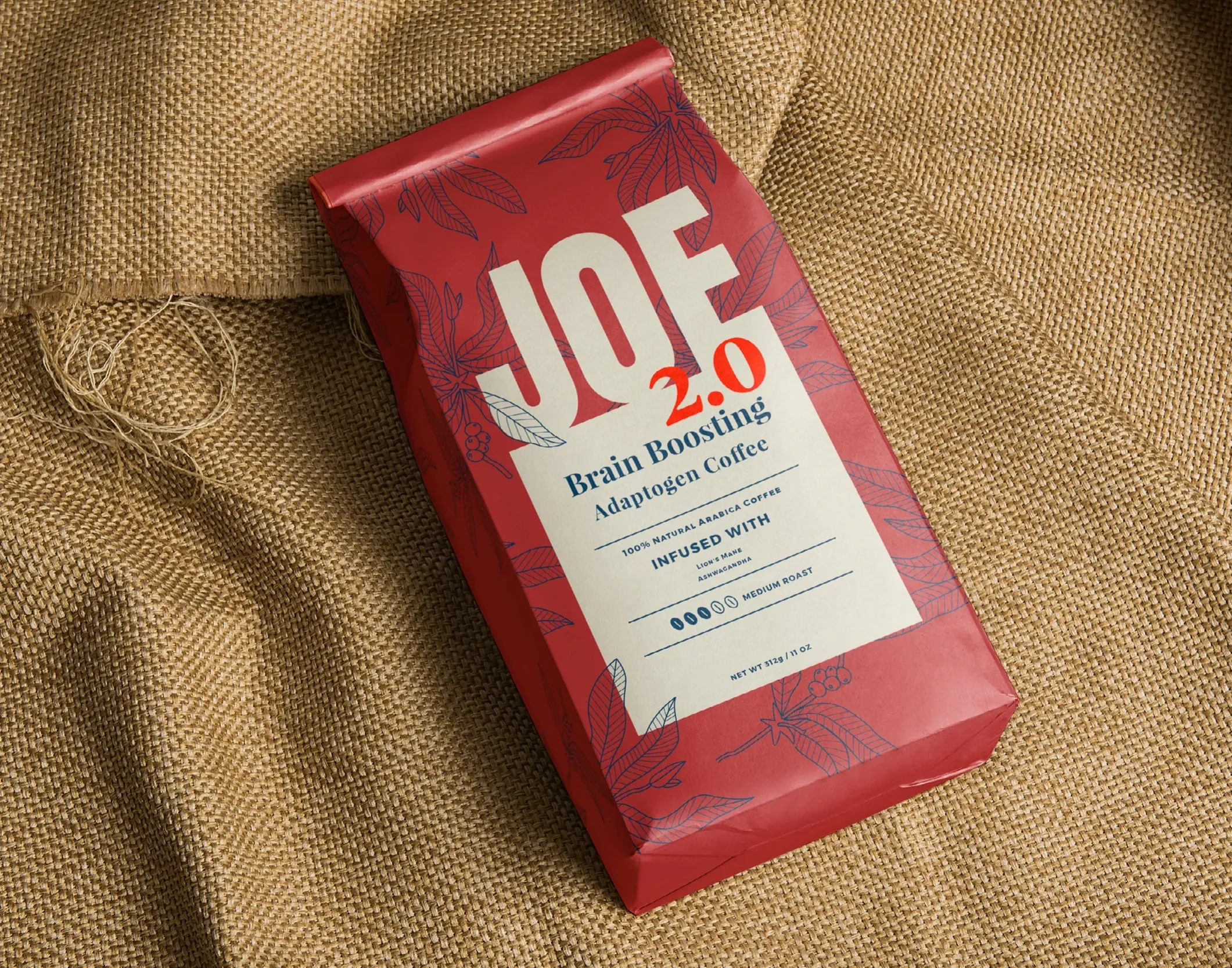 Red JOE 2.0 coffee bag on burlap.