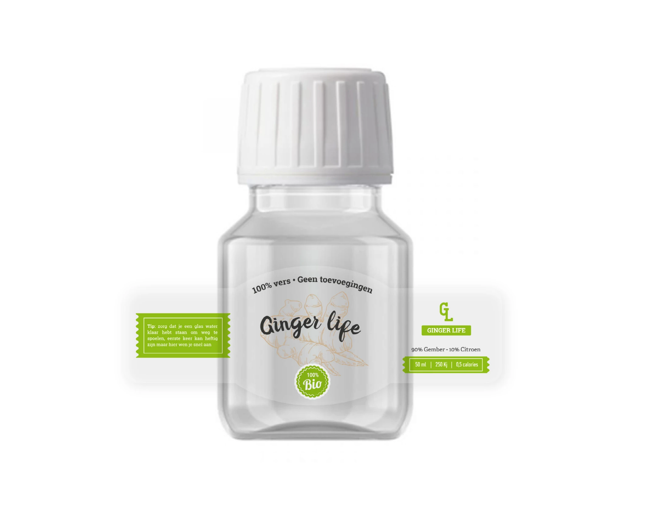 Ginger Life shot bottle with green label.